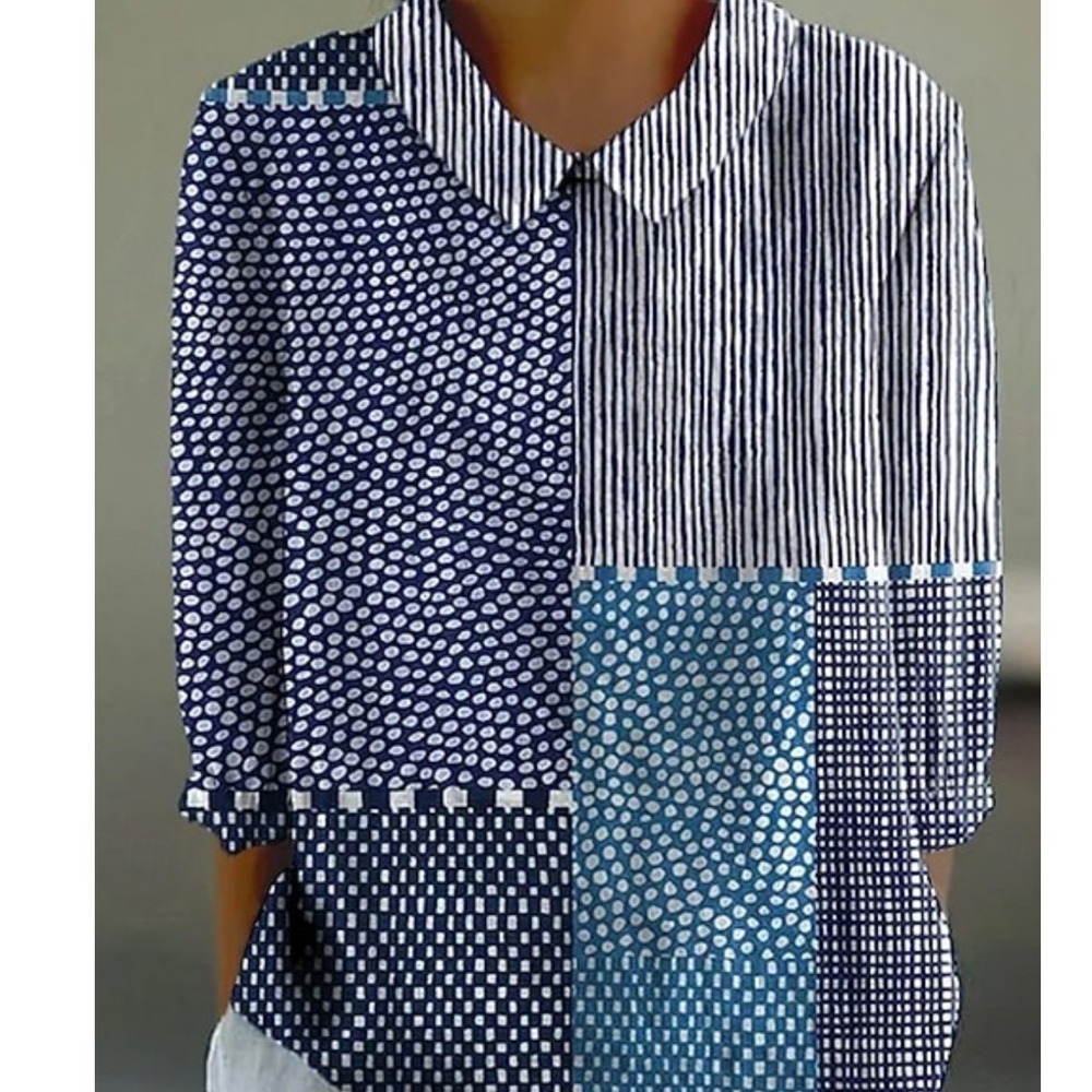 Mixed Geometric Print Patchwork Button Down Shirt… - image 1